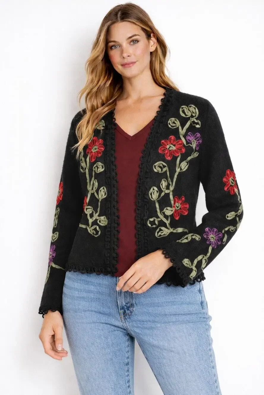 Carson Vintage Wool Floral Ribbon Open Cardigan Sweater Womens Medium Black Red